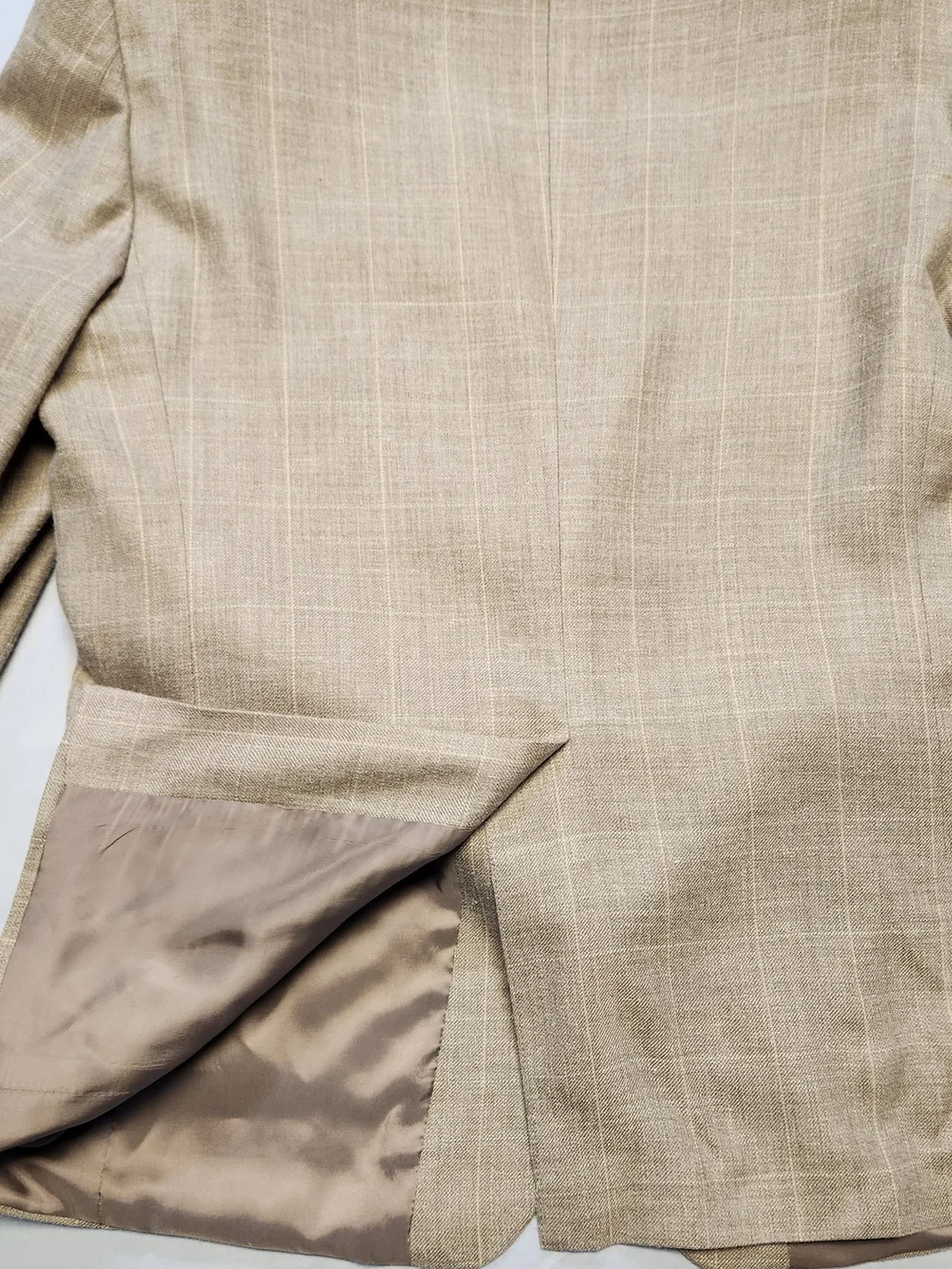 Lauren Ralph Lauren Sport Coat 42R Tan Beige Windowpane Silk Linen Wool slubby